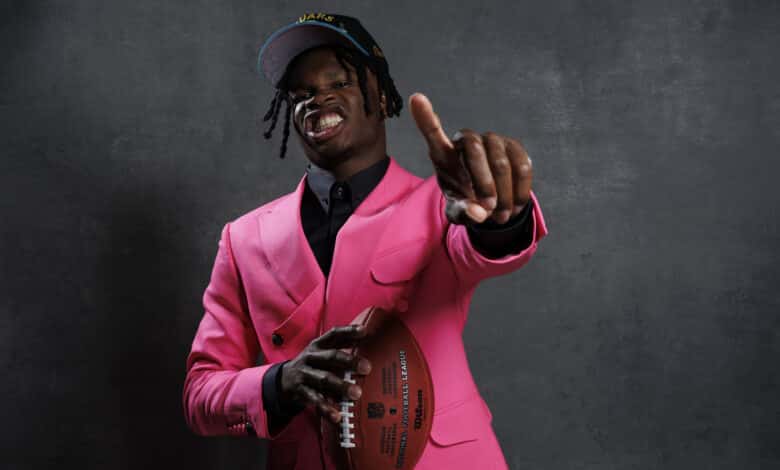 GREEN BAY, WISCONSIN - APRIL 24: Wide receiver and defensive back Travis Hunter poses for a portrait after being selected second overall in the first round by the Jacksonville Jaguars during the 2025 NFL draft at Lambeau Field on April 24, 2025 in Green Bay, Wisconsin.
