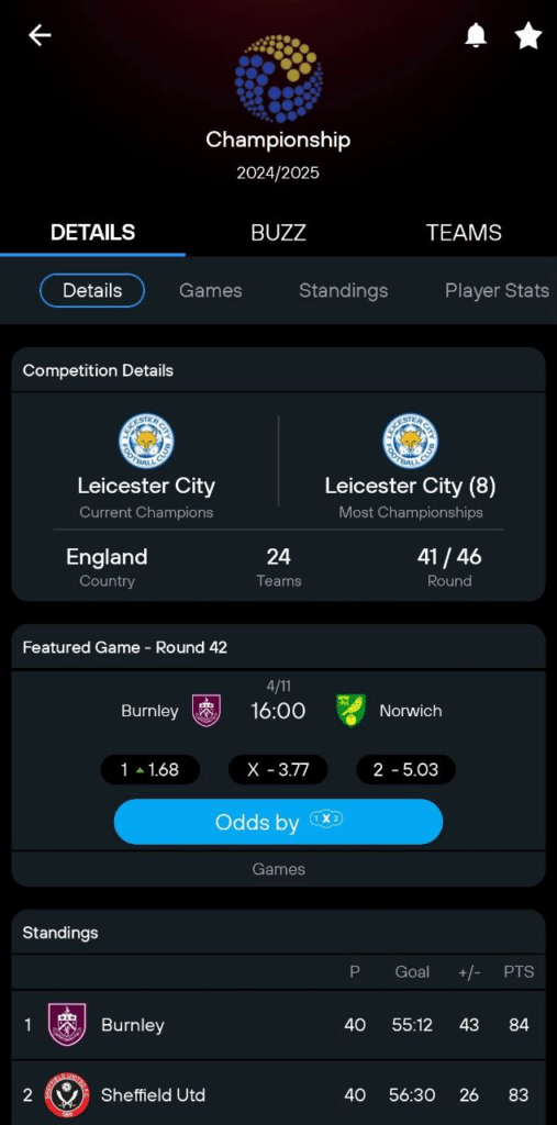 365Scores Championship details screen