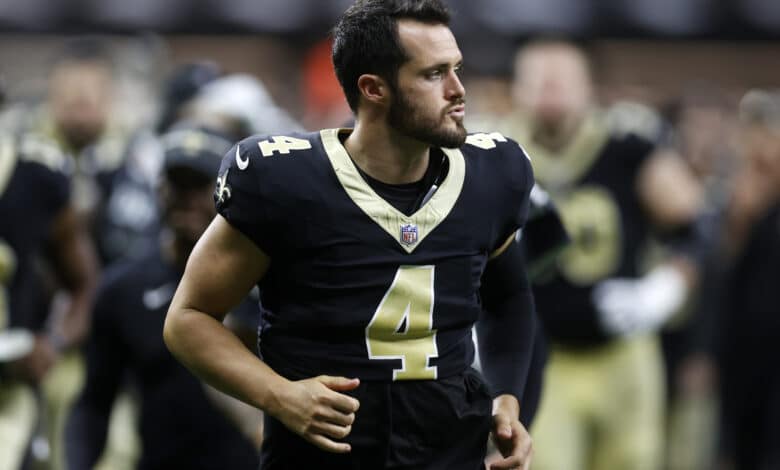 Derek Carr #4 of the New Orleans Saints looks on during a preseason game at Caesars Superdome on August 13, 2023 in New Orleans, Louisiana.