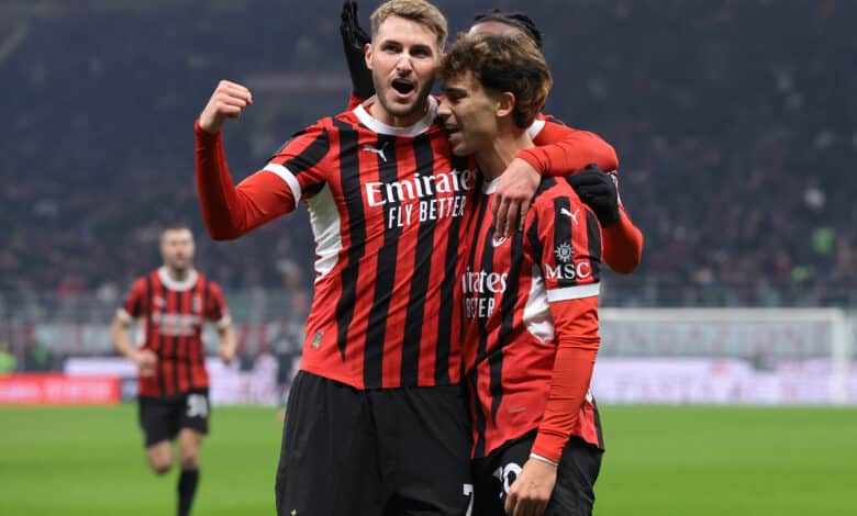 Joao Felix of AC Milan celebrates with team mates Santiago Gimenez and Rafael Leao after scoring during the Coppa Italia Quarter Final match