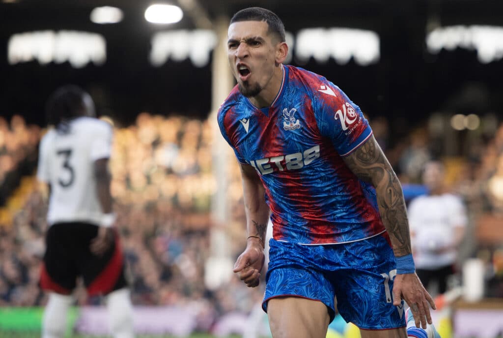 LONDON, ENGLAND - FEBRUARY 22: Daniel Munoz of Crystal Palace celebrates scoring the second goal during the Premier League match between Fulham FC and Crystal Palace FC at Craven Cottage on February 22, 2025 in London, England.
