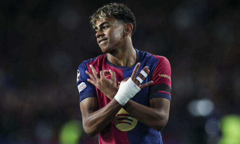 Lamine Yamal of FC Barcelona celebrates after scoring a goal, during the UEFA Champions League 2024/25