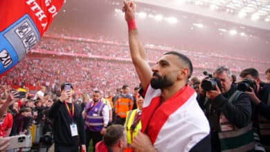 Liverpool's Mohamed Salah celebrates victory and the Premier League title following the Premier League match at Anfield, Liverpool. Picture date: Sunday April 27, 2025.