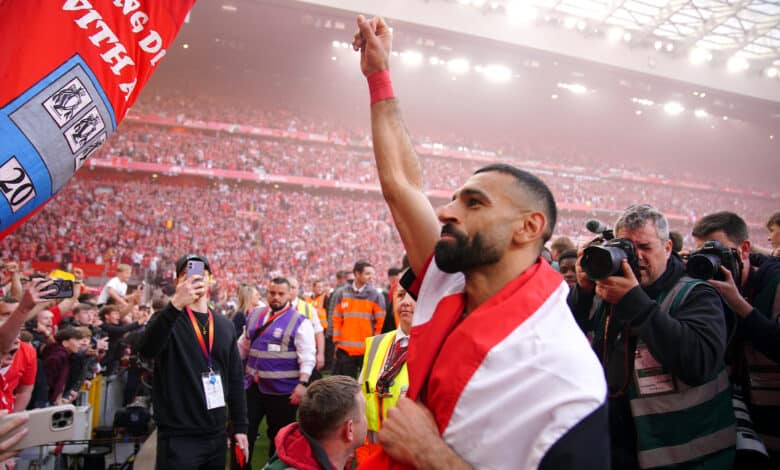 Liverpool's Mohamed Salah celebrates victory and the Premier League title following the Premier League match at Anfield, Liverpool. Picture date: Sunday April 27, 2025.