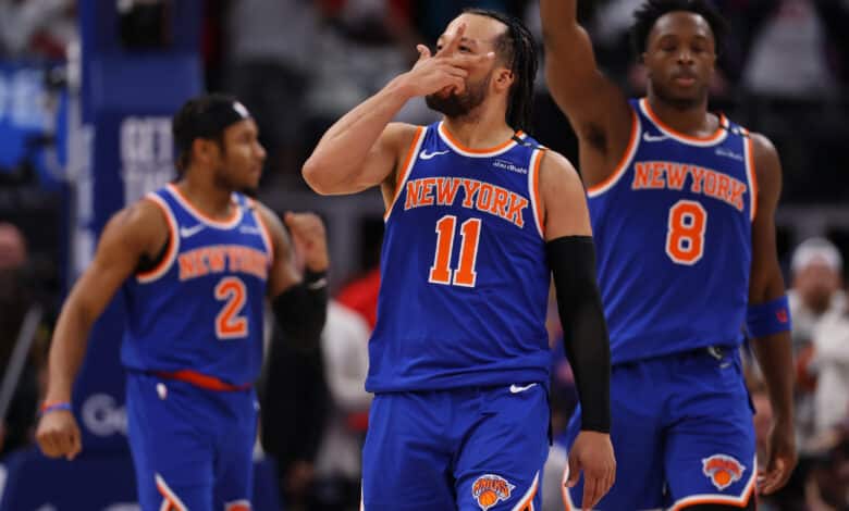 Jalen Brunson #11 of the New York Knicks celebrates after making a three-point basket late during the fourth quarter against the Detroit Pistons in Game Six of the Eastern Conference First Round NBA Playoffs at Little Caesars Arena on May 01, 2025 in Detroit, Michigan. NOTE TO USER: User expressly acknowledges and agrees that, by downloading and or using this photograph, User is consenting to the terms and conditions of the Getty Images License Agreement.