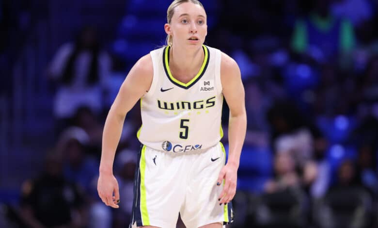 ARLINGTON, TEXAS - MAY 10: Paige Bueckers #5 of the Dallas Wings looks on during the second half of a preseason game against the Toyota Antelopes at College Park Center on May 10, 2025 in Arlington, Texas. NOTE TO USER: User expressly acknowledges and agrees that, by downloading and or using this photograph, User is consenting to the terms and conditions of the Getty Images License Agreement.