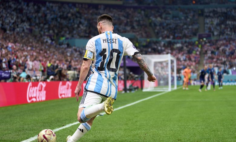 Football Legend: Lionel Messi of Argentina in action during the FIFA World Cup Qatar 2022 semi final match between Argentina and Croatia at Lusail Stadium on December 13, 2022 in Lusail City, Qatar.