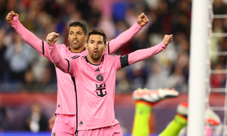 FOXBOROUGH, MASSACHUSETTS - APRIL 27: Luis Suárez #9 and Lionel Messi #10 of Inter Miami celebrate the goal of Benjamin Cremaschi #30 during the second half in the game against the New England Revolution at Gillette Stadium on April 27, 2024 in Foxborough, Massachusetts.
