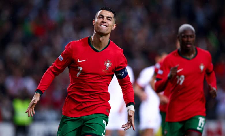 PORTO, PORTUGAL - NOVEMBER 15: Cristiano Ronaldo of Portugal celebrates after scoring his team's second goal during the UEFA Nations League 2024/25 League A Group A1 match between Portugal and Poland at Estádio do Dragão on November 15, 2024 in Porto, Portugal.