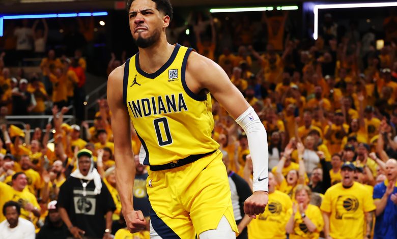 Tyrese Haliburton #0 of the Indiana Pacers celebrates a basket against the New York Knicks during the second quarter in Game Six of the Eastern Conference Finals of the 2025 NBA Playoffs