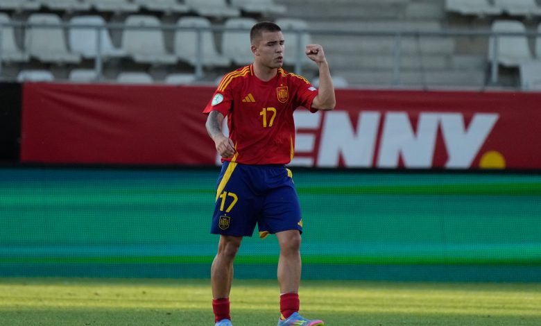 BUCHAREST, ROMANIA - JUNE 23: Pablo Garcia of Spain National Under-19 Football Team completes his hat trick for Spain U19, to make it 3-2 during the Spain vs. Germany: UEFA European Under-19 Championship 2025 Semi-Final match at Stadionul Arcul de Triumf on June 23, 2025 in Bucharest, Romania.