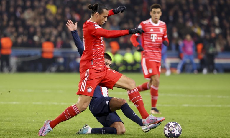 PARIS, FRANCE - FEBRUARY 14: Leroy Sane of Bayern Munich during the UEFA Champions League round of 16 leg one match between Paris Saint-Germain (PSG) and FC Bayern Muenchen (Bayern Munich, Bayern München) at Parc des Princes stadium on February 14, 2023 in Paris, France.