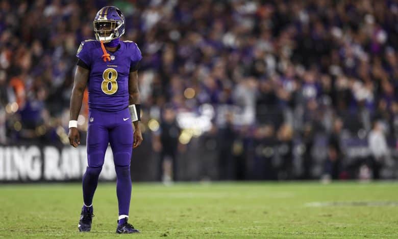 BALTIMORE, MARYLAND - NOVEMBER 7: Lamar Jackson #8 of the Baltimore Ravens looks on during an NFL football game against the Cincinnati Bengals at M&T Bank Stadium on November 7, 2024 in Baltimore, Maryland.