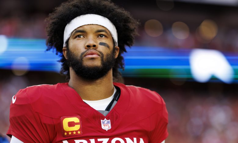 GLENDALE, ARIZONA - JANUARY 5: Quarterback Kyler Murray #1 of the Arizona Cardinals stands on the sidelines during the national anthem prior to an NFL football game against the San Francisco 49ers at State Farm Stadium on January 5, 2025 in Glendale, Arizona.