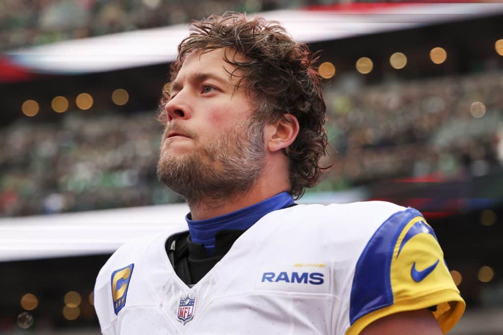 PHILADELPHIA, PENNSYLVANIA - JANUARY 19: Matthew Stafford #9 of the Los Angeles Rams stands for the national anthem prior to the NFC Divisional playoff game against the Philadelphia Eagles at Lincoln Financial Field on January 19, 2025 in Philadelphia, Pennsylvania. The Eagles defeated the Rams 28-22.