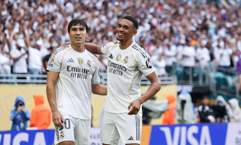 MIAMI GARDENS, FLORIDA - JULY 01: Gonzalo Garcia of Real Madrid C.F. celebrates scoring his team's first goal with Trent Alexander-Arnold of Real Madrid C.F. during the FIFA Club World Cup 2025 round of 16 match between Real Madrid CF and Juventus FC at Hard Rock Stadium on July 01, 2025 in Miami Gardens, Florida.