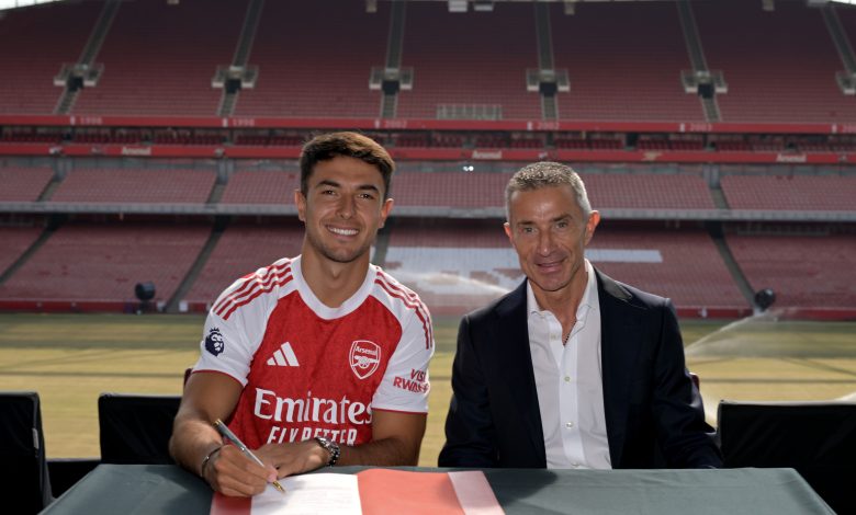 LONDON, ENGLAND - JULY 02: New signing Martin Zubimendi with Arsenal Sporting Director Andrea Berta at Emirates Stadium on July 02, 2025 in London, England.
