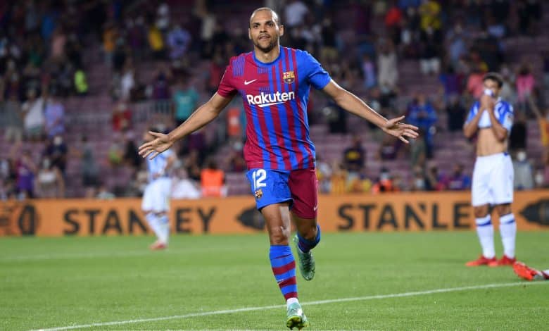 Crazy transfer - BARCELONA, SPAIN - AUGUST 15: Martin Braithwaite of FC Barcelona celebrates after scoring their team's third goal during the LaLiga Santander match between FC Barcelona and Real Sociedad at Camp Nou on August 15, 2021 in Barcelona, Spain. FC Barcelona will host between 20,000 and 22,0000 fans in the stadium