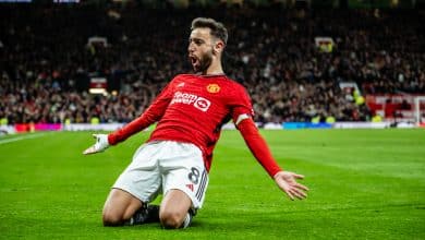 MANCHESTER, ENGLAND - APRIL 24: Bruno Fernandes of Manchester United celebrates scoring a goal to make the score 3-2 during the Premier League match between Manchester United and Sheffield United at Old Trafford on April 24, 2024 in Manchester, United Kingdom.