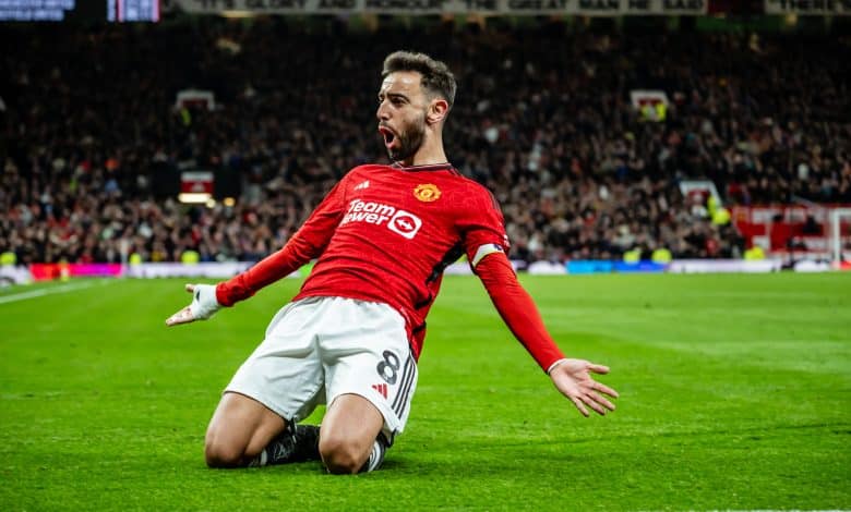 MANCHESTER, ENGLAND - APRIL 24: Bruno Fernandes of Manchester United celebrates scoring a goal to make the score 3-2 during the Premier League match between Manchester United and Sheffield United at Old Trafford on April 24, 2024 in Manchester, United Kingdom.