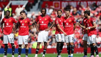 MANCHESTER, ENGLAND - AUGUST 09: Matheus Cunha and Diogo Dalot of Manchester United react during the penalty shootout during the pre-season friendly match between Manchester United and ACF Fiorentina at Old Trafford on August 09, 2025 in Manchester, England.
