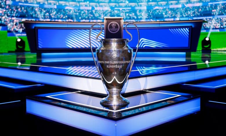 MONACO, MONACO - AUGUST 27: The UEFA Champions League trophy is seen on the stage ahead of the UEFA Champions League 2025/26 League Phase Draw at Grimaldi Forum on August 27, 2025 in Monaco, Monaco.
