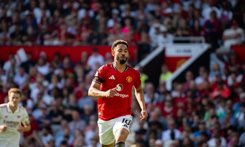 MANCHESTER, ENGLAND - AUGUST 17: Matheus Cunha of Manchester United in action during the Premier League match between Manchester United and Arsenal at Old Trafford on August 17, 2025 in Manchester, United Kingdom.