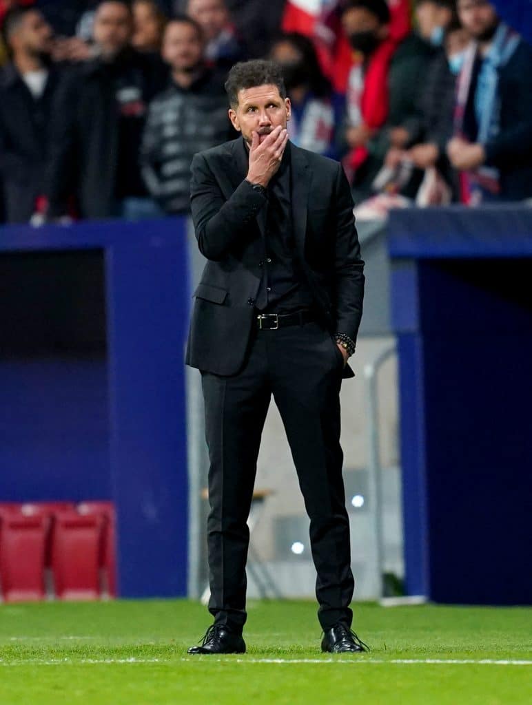 Atletico Madrid manager Diego Simeone appears dejected at the end of the UEFA Champions League quarter final, second leg match at the Wanda Metropolitano Stadium, Madrid. Picture date: Wednesday April 13, 2022.