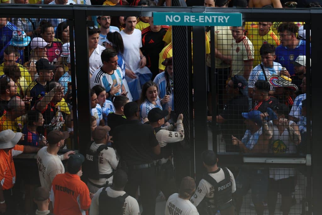 MIAMI GARDENS, FLORIDA - JULY 14: Large crowds of fans try to enter the stadium at Hard Rock Stadium on July 14, 2024 in Miami Gardens, Florida. 