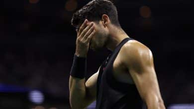 NEW YORK, NEW YORK - AUGUST 29: Carlos Alcaraz of Spain reacts after a point against Botic van De Zandschulp of the Netherlands during their Men's Singles Second Round match on Day Four of the 2024 US Open at USTA Billie Jean King National Tennis Center on August 29, 2024 in the Flushing neighborhood of the Queens borough of New York City.