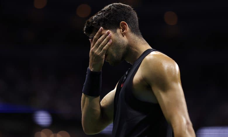 NEW YORK, NEW YORK - AUGUST 29: Carlos Alcaraz of Spain reacts after a point against Botic van De Zandschulp of the Netherlands during their Men's Singles Second Round match on Day Four of the 2024 US Open at USTA Billie Jean King National Tennis Center on August 29, 2024 in the Flushing neighborhood of the Queens borough of New York City.