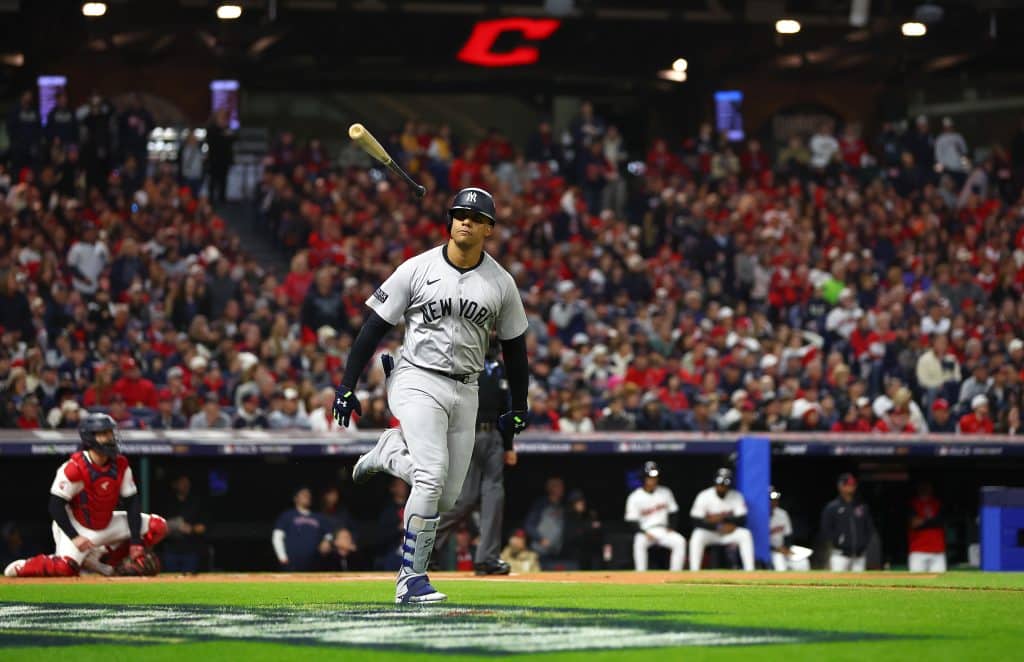 CLEVELAND, OHIO - OCTOBER 18: Juan Soto #22 of the New York Yankees reacts after hitting a two-run home run in the first inning against the the Cleveland Guardians during Game Four of the American League Championship Series at Progressive Field on October 18, 2024 in Cleveland, Ohio.