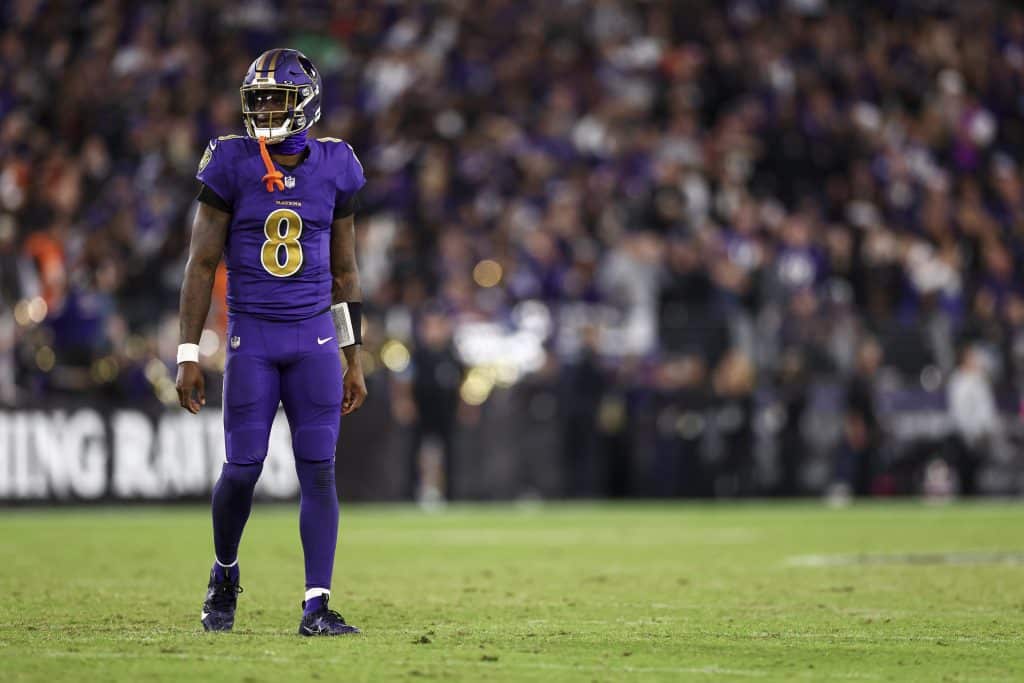 BALTIMORE, MARYLAND - NOVEMBER 7: Lamar Jackson #8 of the Baltimore Ravens looks on during an NFL football game against the Cincinnati Bengals at M&T Bank Stadium on November 7, 2024 in Baltimore, Maryland. 