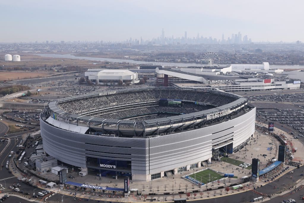 AST RUTHERFORD, NEW JERSEY - NOVEMBER 17: A aerial view of MetLife Stadium during a game between the Indianapolis Colts and the New York Jets on November 17, 2024 in East Rutherford, New Jersey.