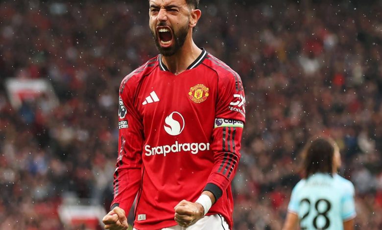 MANCHESTER, ENGLAND - AUGUST 30: Bruno Fernandes of Manchester United celebrates after Josh Cullen of Burnley (not pictured) scores his teams own goal during the Premier League match between Manchester United and Burnley at Old Trafford on August 30, 2025 in Manchester, England.