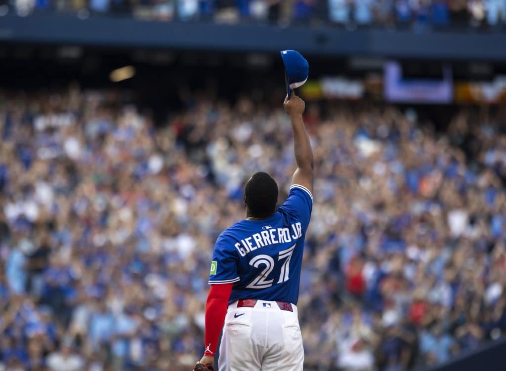 TORONTO, CANADA - SEPTEMBER 27: Vladimir Guerrero Jr. #27 of the Toronto Blue Jays celebrates a 5-1 win over the Tampa Bay Rays in their MLB game at the Rogers Centre on September 27, 2025 in Toronto, Canada.