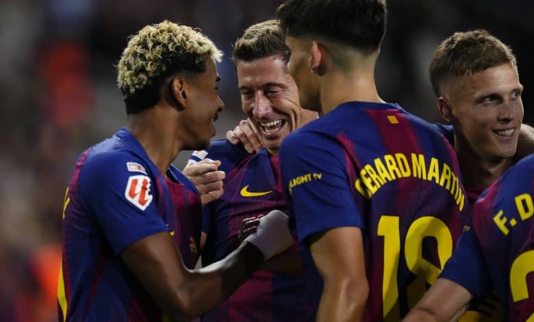 Champions League ready - Robert Lewandowski centre-forward of Barcelona and Poland celebrates with Lamine Yamal after scoring his sides first goal during the LaLiga EA Sports match between FC Barcelona and Real Sociedad at Estadi Olimpic Lluis Companys on September 28, 2025 in Barcelona, Spain.