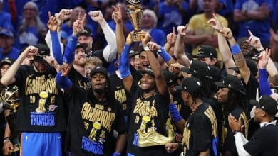 OKLAHOMA CITY, OKLAHOMA - JUNE 22: Shai Gilgeous-Alexander #2 of the Oklahoma City Thunder celebrates with the Bill Russell NBA Finals Most Valuable Player trophy after defeating the Indiana Pacers 103-91 in Game Seven of the 2025 NBA Finals at Paycom Center on June 22, 2025 in Oklahoma City, Oklahoma. NOTE TO USER: User expressly acknowledges and agrees that, by downloading and or using this photograph, User is consenting to the terms and conditions of the Getty Images License Agreement.