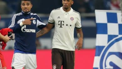 Jerome Boateng of Munich (R) hugs his brother Kevin-Prince Boateng of Schalke after the Bundesliga match between FC Schalke 04 and FC Bayern Muenchen