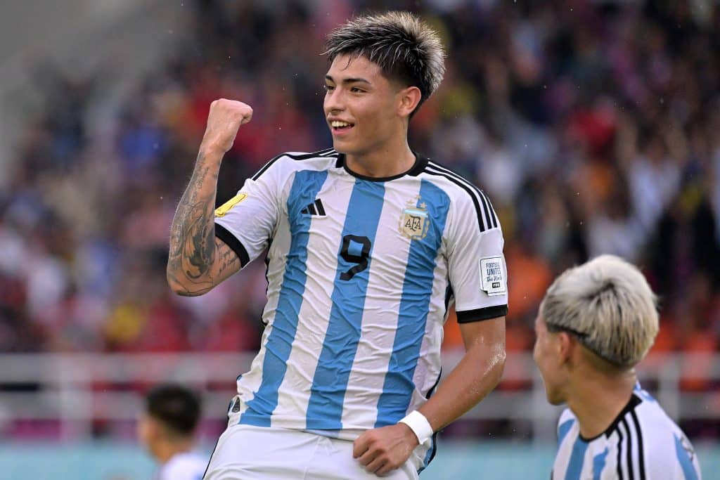 SURAKARTA, INDONESIA - NOVEMBER 28: Agustin Ruberto of Argentina celebrates scoring their second goal during the FIFA U-17 World Cup Semi Final match between Argentina and Germany at Manahan Stadium on November 28, 2023 in Surakarta, Indonesia. 