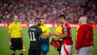 COLUMBIA, SOUTH CAROLINA - AUGUST 03: Casemiro of Manchester United and Mohamed Salah of Liverpool FC walk out ahead of the pre season friendly match between Manchester United v Liverpool FC at Williams-Brice Stadium on August 03, 2024 in Columbia, South Carolina.