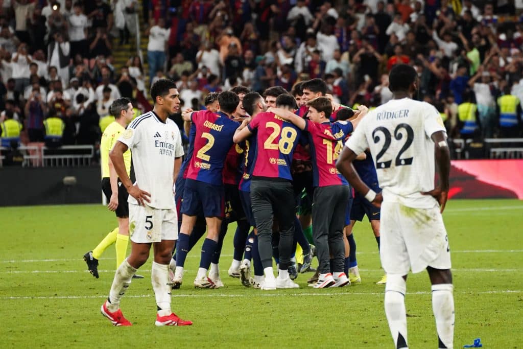 JEDDAH, SAUDI ARABIA - JANUARY 12: Players of Barcelona celebrate the victory after winning the Spanish Super Cup final, known as 'El Clasico', match between Real Madrid and Barcelona at the King Abdullah Sports City Stadium in Jeddah, Saudi Arabia on January 12, 2025. 