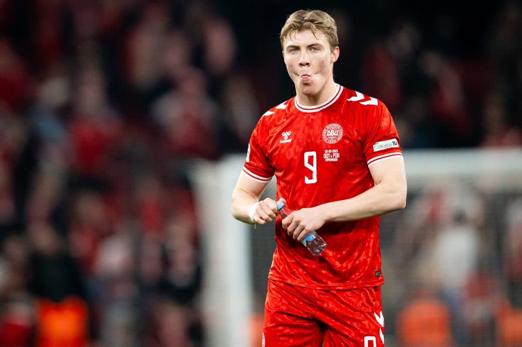 COPENHAGEN, DENMARK - MARCH 20: Rasmus Hojlund of Denmark gestures after winning match during the UEFA Nations League quarterfinal leg one match between Denmark and Portugal at Parken Stadium on March 20, 2025 in Copenhagen, Denmark. 