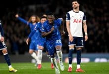 LONDON, ENGLAND - APRIL 03: Moises Caicedo of Chelsea celebrates scoring a goal which is later disallowed following a VAR check during the Premier League match between Chelsea FC and Tottenham Hotspur FC at Stamford Bridge on April 03, 2025 in London, England.
