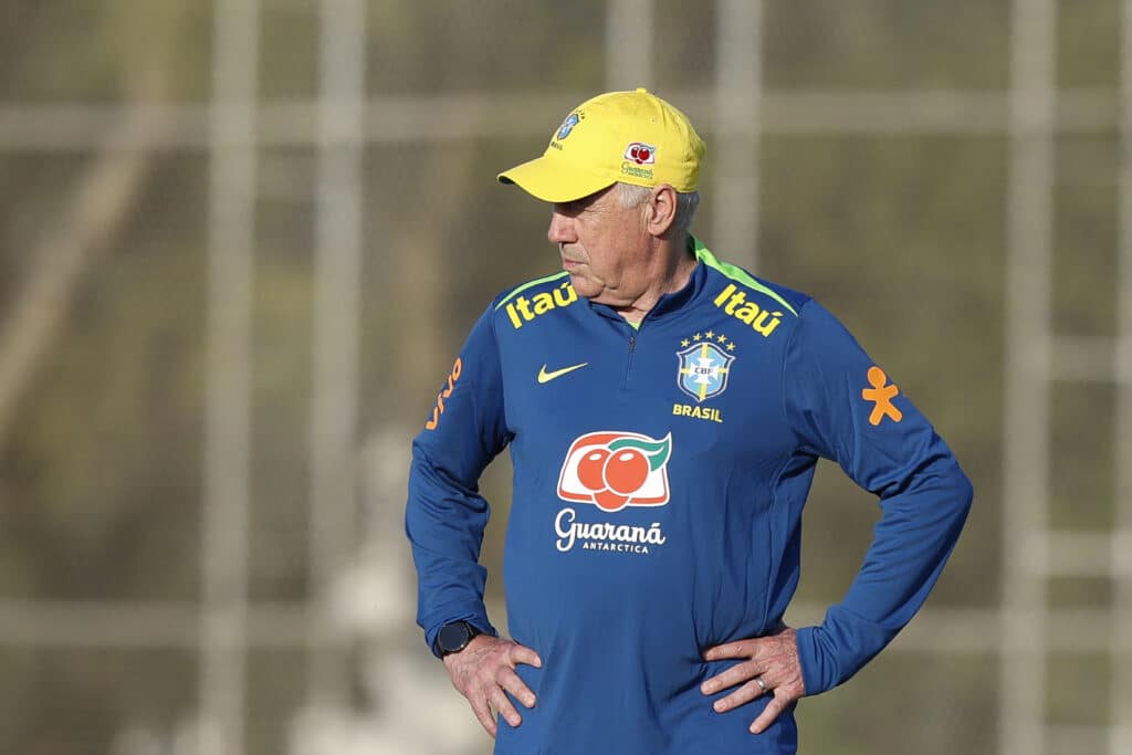 SAO PAULO, BRAZIL - JUNE 02: Brazil's team coach Carlo Ancelotti looks on during a training at Joaquim Grava training center on June 02, 2025 in Sao Paulo, Brazil. Carlo Ancelotti begins his tenure as coach of Brazil on the way to the 2026 FIFA World Cup. 