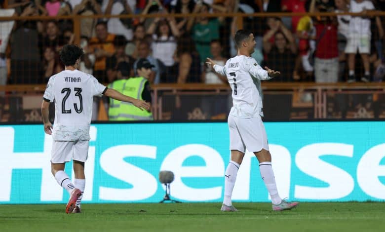 YEREVAN, ARMENIA - SEPTEMBER 06: Cristiano Ronaldo of Portugal celebrates scoring his team's fourth goal during the FIFA World Cup 2026 qualifier match between Armenia and Portugal at Vazgen Sargsyan Republican Stadium on September 06, 2025 in Yerevan, Armenia.
