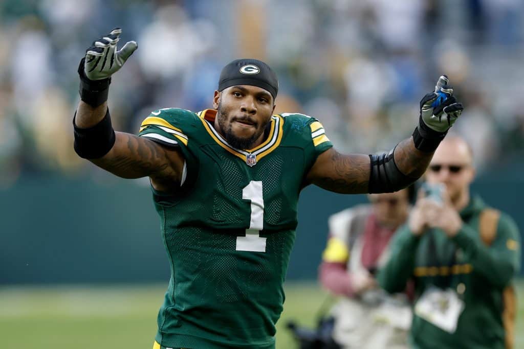 GREEN BAY, WISCONSIN - SEPTEMBER 07: Micah Parsons #1 of the Green Bay Packers celebrates after the Packers beat the Detroit Lions 27-13 at Lambeau Field on September 07, 2025 in Green Bay, Wisconsin.