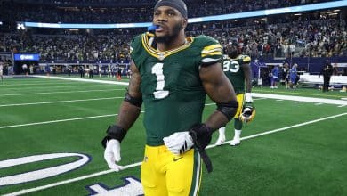 ARLINGTON, TEXAS - SEPTEMBER 28: Micah Parsons #1 of the Green Bay Packers walks on the field after the game against the Dallas Cowboys at AT&T Stadium on September 28, 2025 in Arlington, Texas.