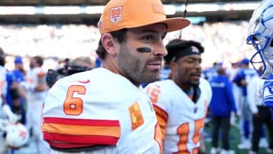 SEATTLE, WASHINGTON - OCTOBER 05: Baker Mayfield #6 of the Tampa Bay Buccaneers looks on after the game against the Seattle Seahawks at Lumen Field on October 05, 2025 in Seattle, Washington.