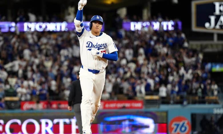 LOS ANGELES, CA - OCTOBER 17: Shohei Ohtani #17 of the Los Angeles Dodgers rounds the bases after hitting a solo home run in the fourth inning during Game Four of the National League Championship Series presented by loanDepot between the Milwaukee Brewers and the Los Angeles Dodgers at Dodger Stadium on Friday, October 17, 2025 in Los Angeles, California.